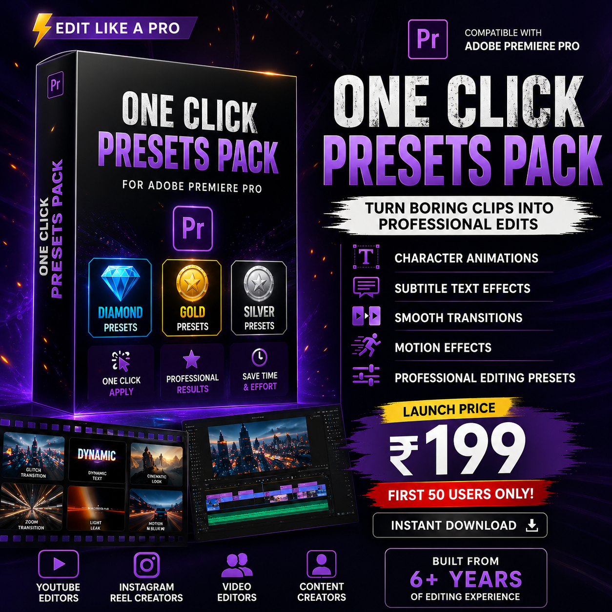One Click Presets Pack for Premiere Pro | Professional Video Editing Presets (Diamond, Gold, Silver)