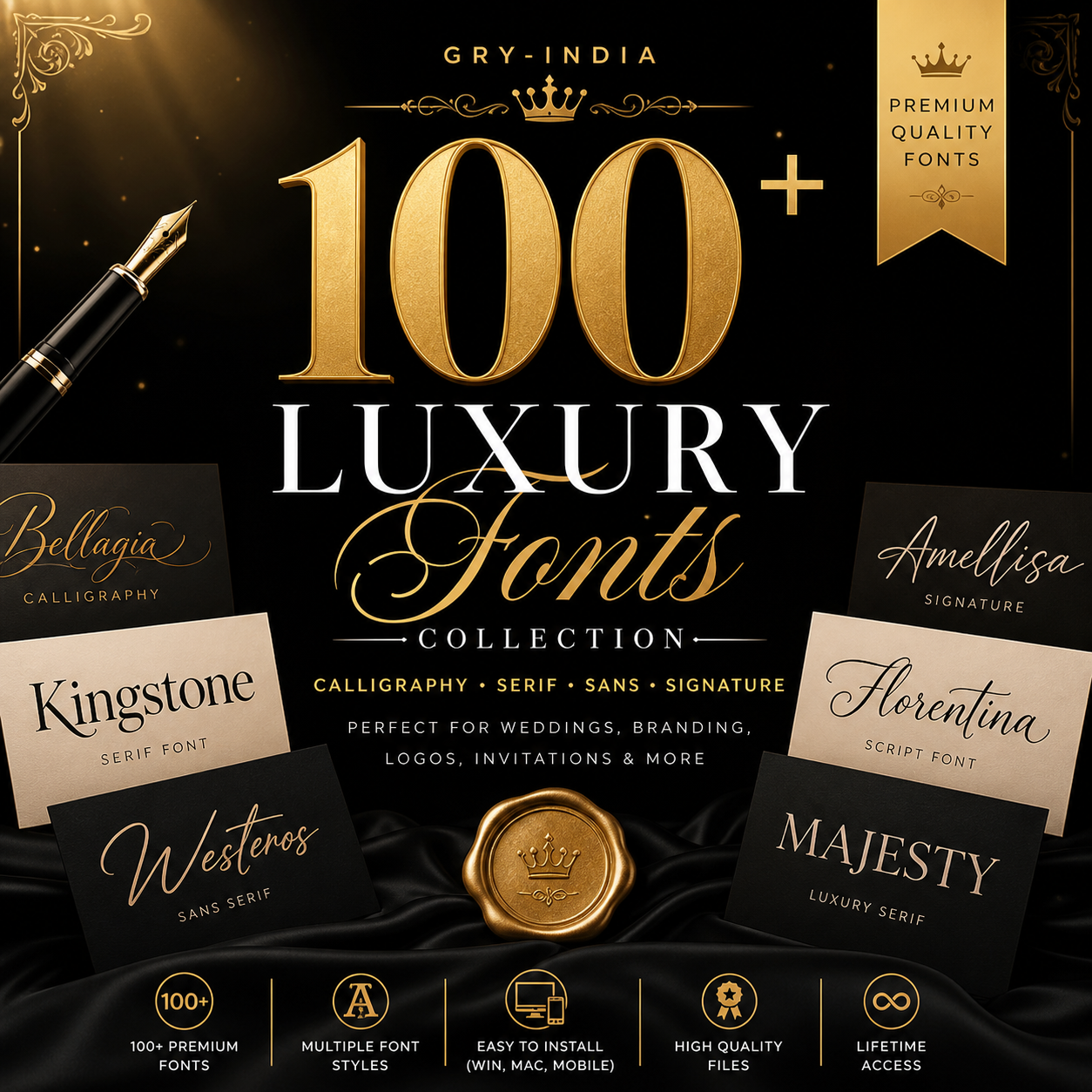 100+ Luxury Wedding Fonts Bundle | Elegant Calligraphy, Serif & Signature Fonts for Branding & Invitations